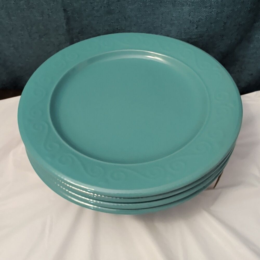 Set of 4 Royal Norfolk Dinner Plates Turquoise Teal Blue Scrolls Rim 10.5" - Picture 7 of 16